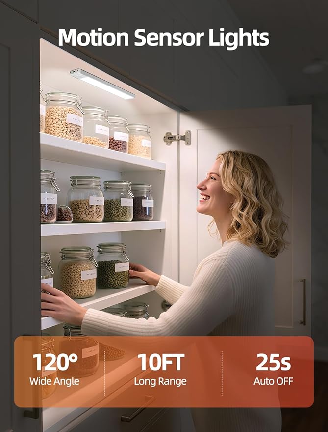 Under Cabinet Lighting: 12 Inch 3-Color Dimmable Rechargeable Motion Sensor Lights Indoor - Battery Operated Lights - Closet Light Magnetic Led Light for Kitchen Home Bathroom Counter 5 Pack