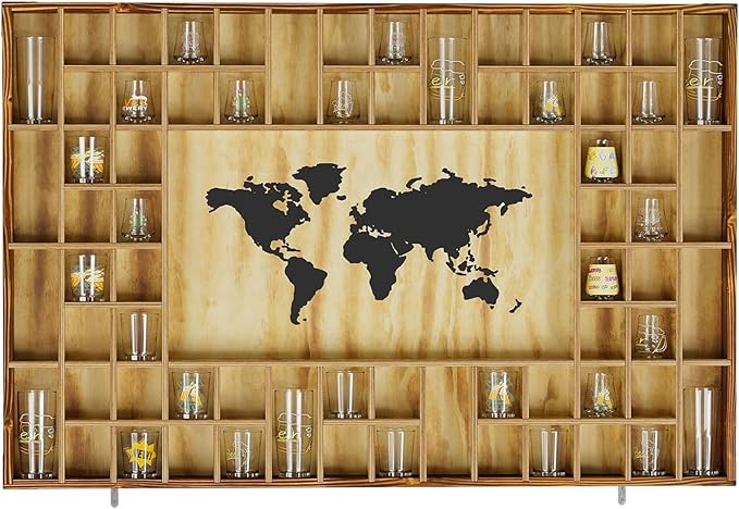 68 Large World Map Shot Glass Display Case Rustic Shot Glass Holder 37x 24.4in Brown Wood Shelf for 2 Different Sizes Glasses Shelf Wall Mount Storage Cabinet for Bar Home Kitchen