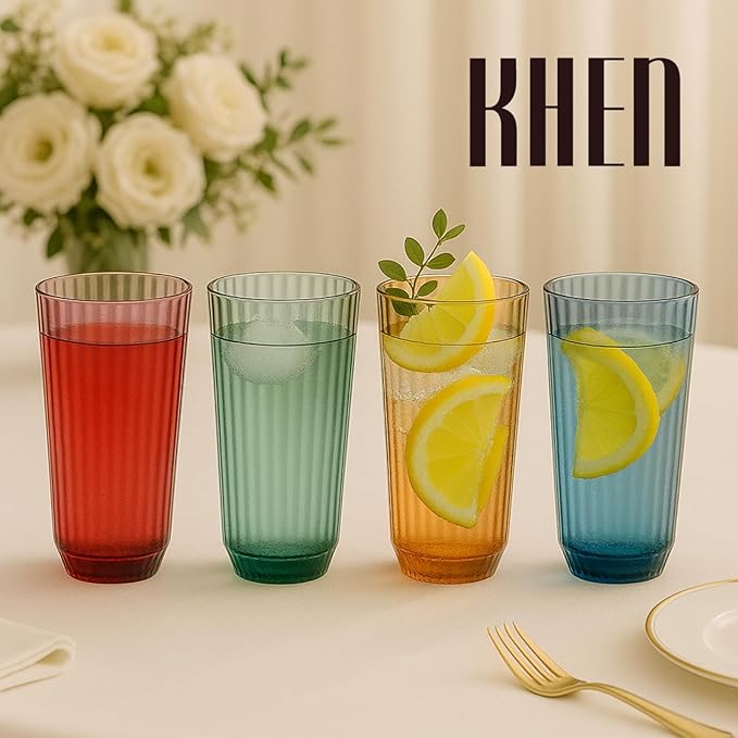 Khen Plastic Acrylic Ribbed Drinking Glasses – Set of 4 Multicolor 11.8oz Tritan Tumblers, European Style Shatterproof Drinkware – Durable, BPA-Free, Dishwasher Safe, Stackable & Unbreakable Cups