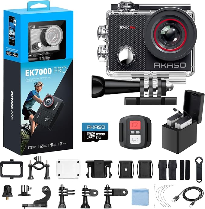 AKASO EK7000 Pro 4K30fps Action Camera with Touch Screen EIS 131ft Waterproof Underwater Camera Remote Control 5X Zoom with Helmet Accessories Kit (with 128GB MicroSD Card)