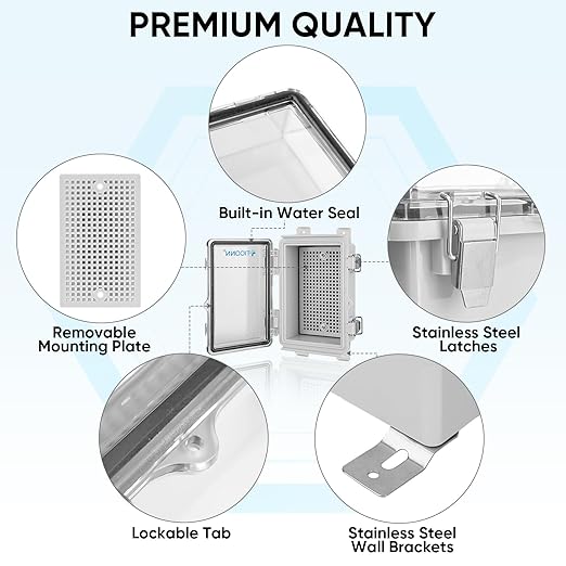 TICONN Outdoor Electrical Box Waterproof, Junction Box IP67 ABS Plastic Enclosure with Hinged Cover with Mounting Plate, Wall Brackets, Cable Glands (Clear, 5.9"x3.9"x2.8")