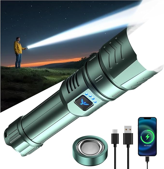 SKYFIRE LED Flashlights High Lumens with Ignition Lens,3000lm Super Bright Rechargeable Flashlight,Zoomable,4 Modes,Waterproof Tactical Flash Light for Camping Essentials,Outdoor and Home,Gift