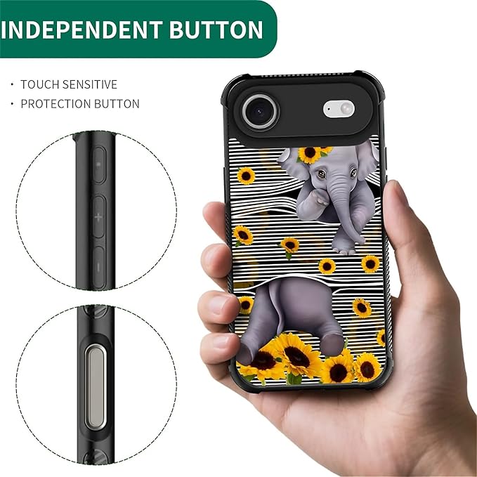 for iPhone 17 Air Case,for MagSafe Graphic Design for Girl Boy Soft Silicone Hard Acrylic Shock Protection Designed for iPhone 17 Air Cute Little Elephant Sunflower White Line Art Pattern