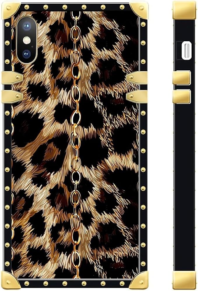 Compatible with iPhone Xs Max Case, Seamless Gold Chain Leopard Luxury Golden Decoration for Girl Women Soft TPU Shockproof Protective Hard PC Back for iPhone Xs Max