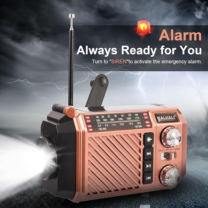 Hand Crank Emergency Weather Radio with 2600mAh/9620mWh Power Bank, NOAA AM FM Shortwave Portable Radio, Solar & USB-C Charging, Flashlight, SOS Alarm for Emergency Kits (Brown)