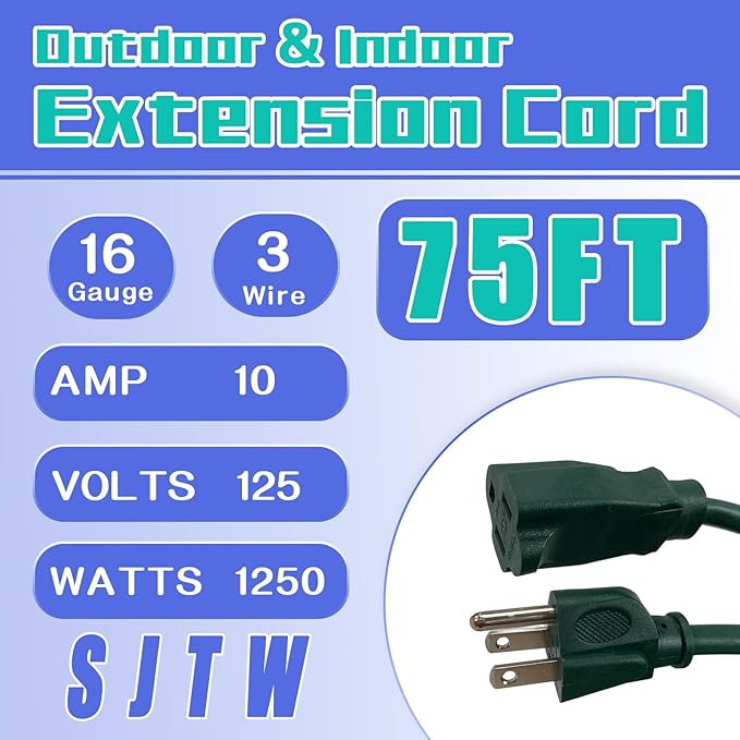 Indoor Outdoor Extension Cord 75 FT, 16/3 SJTW Weatherproof Green Electrical Cords, 10 AMP Heavy Duty 3 Prong Power Cable Great for Garden, Landscaping & Holiday Decorations
