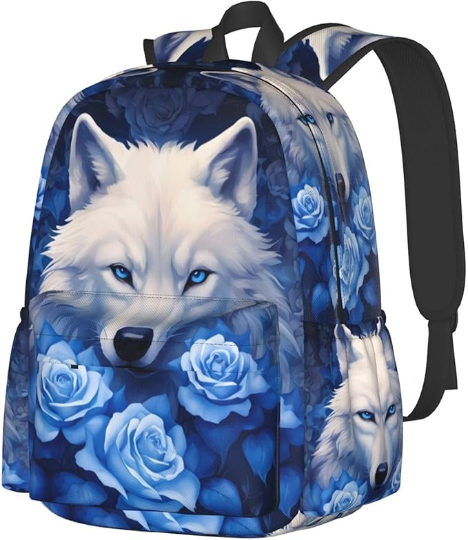 cfpolar 17 Inch Backpack Blue Rose Wolf Laptop Bag Shoulder Bag School Bookbag Casual Daypack For Boys Girls