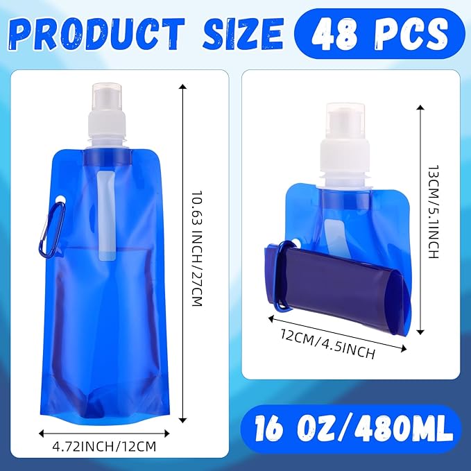 Teenyyou 48 Pack Collapsible Water Bottles Bulk 16oz Foldable Water Bottles with Carabiner Reusable Drinking Leak Proof Container Bags for Sport Biking Hiking Camping Travel Outdoor (Dark Blue)