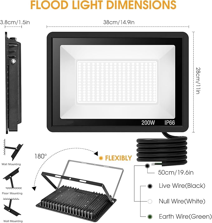 XYCN 200W LED Flood Light 2 Pack, 22500lm Super Bright Security Lights, IP66 Waterproof Outdoor Flood Light, 5000K Daylight White Floodlight for Yard, Garden,Basketball Court, Arena