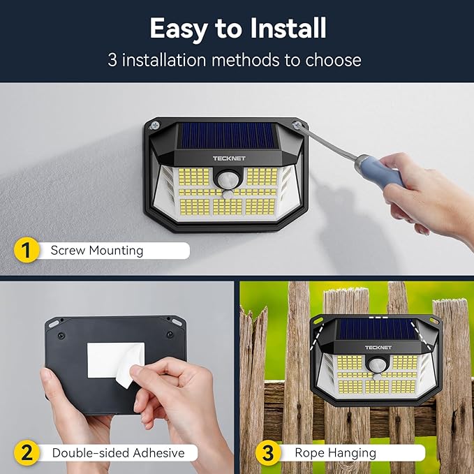 TECKNET 231 LED Motion Sensor Outdoor Lights, 6 Pack, 300° Solar Security Wall Lights, 3 Lighting Modes, IP65 Waterproof, PIR Motion Sensor for Outside, Fence, Garden, Yard, Deck, Garage - Warm White