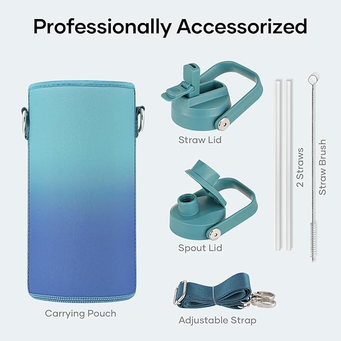 BUZIO 32 oz Water Bottle Insulated, Leakproof Stainless Steel Flask (Cold for 48 Hrs), Wide Mouth BPA-Free Metal Thermo Hydro Canteen with 2 Lids, Gradient Cyan