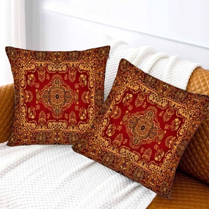 Red Oriental Persias Couch Pillow Covers 18 X 18 Boho Set of 2 Pillowcases Square Velvet Outdoor Cushion Pillow Cases Decorative for Home Bed Sofa Couch Hotel