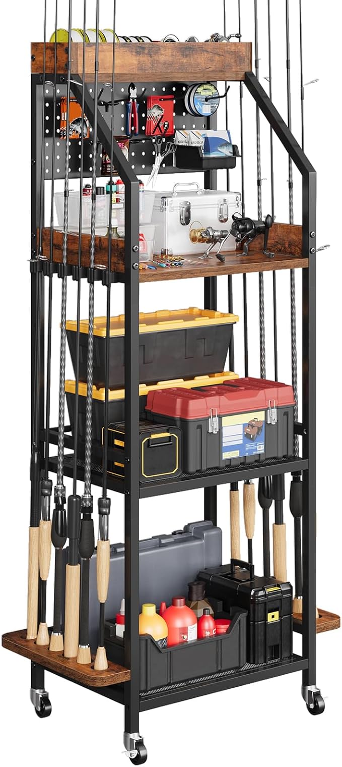 Fishing Rod Holder for Garage with Hooks & Pegboard, 3-Tier Fishing Pole Rack Holds 12 Rods, Rolling Fishing Rod Storage Organizer with Wooden Tool Box, Fishing Tackle Shelf for Anglers