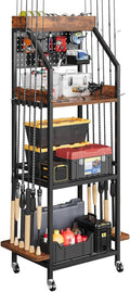 Fishing Rod Holder for Garage with Hooks & Pegboard, 3-Tier Fishing Pole Rack Holds 12 Rods, Rolling Fishing Rod Storage Organizer with Wooden Tool Box, Fishing Tackle Shelf for Anglers