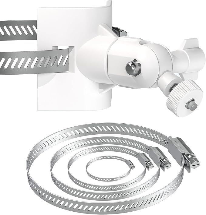 Universal Adjustable Stainless Mount Bracket Outdoor Security Camera 360 Degree hoop Hose Clamp Pipe Poles Mount No-drill holes Compatible with Reolink/Nest/Arlo/Eufy/Wyze and other camera (White)