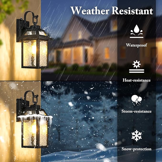 BesLowe Dusk to Dawn Outdoor Wall Lights, Exterior Lighting Fixtures Wall Mount, Porch Lights Outdoor Wall Sconces with Water Ripple Glass, Outside Lights for House Front Door Garage, 2-Pack
