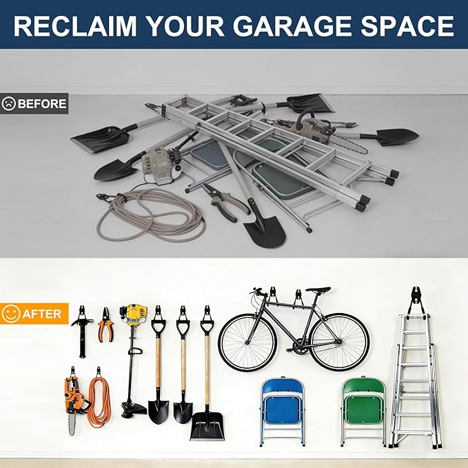 Garage Hooks Heavy Duty, 6 Pack Large Round Steel Garage Storage Hooks with Anti-Slip Coating, Multi-Purpose Ladder Hooks for Hanging Garden Tools, Hoses, Bikes and Folding Chairs (Black)