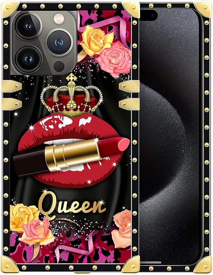 Compatible with iPhone 16 Pro Case, Queen Lip Crown Leopard Print Luxury Golden Decoration for Girl Women Soft TPU Shockproof Protective Hard PC Back for iPhone 16 Pro