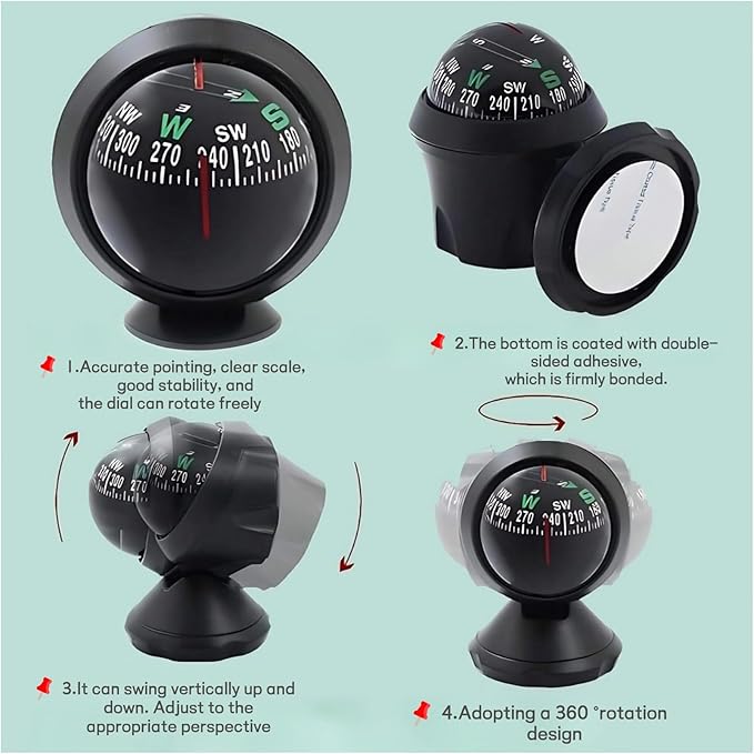 Car Compass, Night Vision Electronic Digital Compass, Direction Guidance for Boat Vehicle, Can be Decorative Ornament or Birthday Present, Pivoting Compass, Stick, Easy to Read, Black