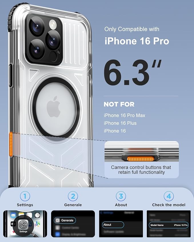 for iPhone 16 Pro Waterproof Case with Magsafe, Built-in [Camera & Screen Protector] [Lanyard], IP68 Water Proof Full Body Dustproof Heavy Duty Frosted Protective Phone Cover, 6.3" Black