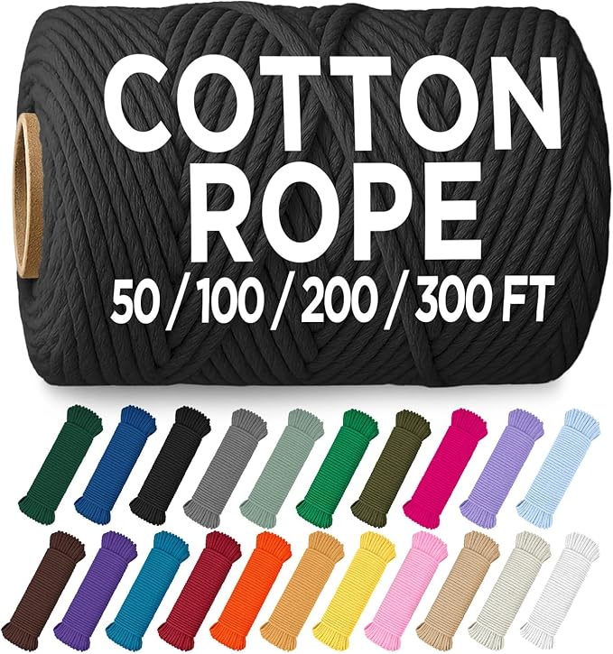 TECEUM Cotton Rope 3/16” (5 mm) – 300 FT – Strong All-Purpose Braided Rope – Natural Cotton – for Crafting, Сamping, Clothes Line, DIY, Indoor & Outdoor Use – Black