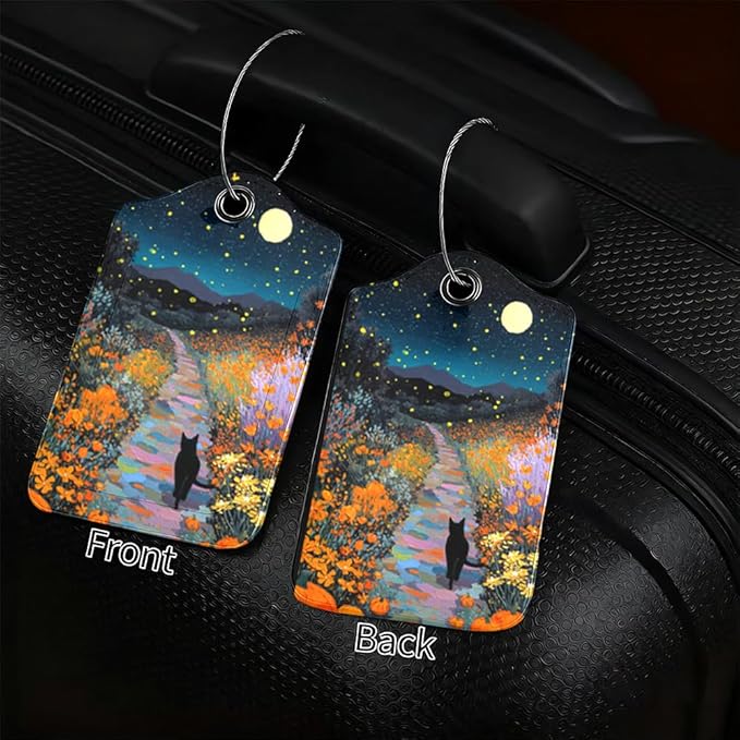 2Pcs Black Cat Pumpkin Luggage Tags, 2.83x4.53 Halloween Suitcase ID Labels with Privacy Cover, Aesthetic Starry Night Bag Tags for Backpacks, Fall Autumn Travel Accessories, Set of 2