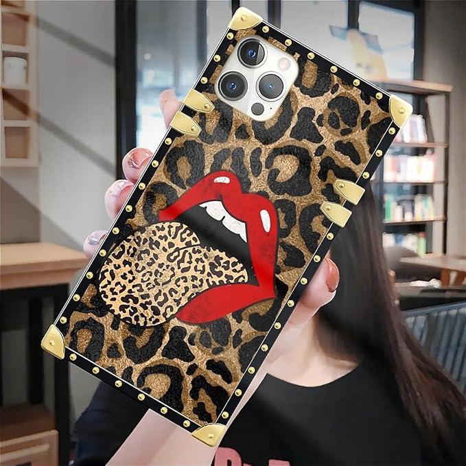 Compatible with iPhone 12 Pro Max Case, Brown Leopard Print Mouth Luxury Golden Decoration for Girl Women Soft TPU Shockproof Protective Hard PC Back for iPhone 12 Pro Max