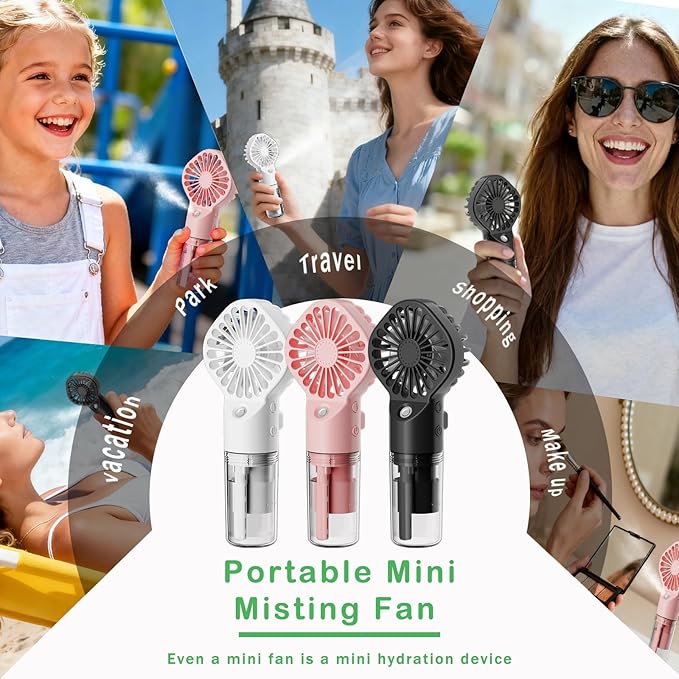 3 Pack Misting Fan Portable - Handheld Mini Rechargeable with 4 Speeds & Water Mist - Ideal for Travel, Camping, Outdoor, Home, Office, Makeup,Commute