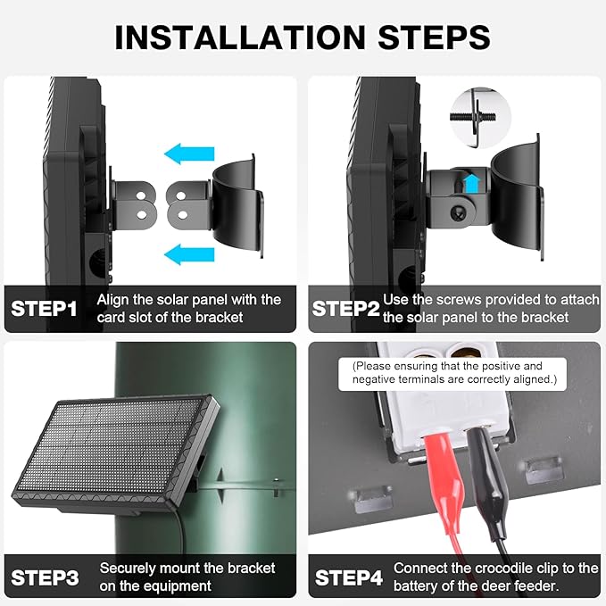 Solar Panel for Deer Feeder, 6V 1.98W Solar Panel Outdoor IP65 Waterproof, Battery Charger 6Volt with Mounting Bracket and Alligator Clip, DC 5.5*2.1, 3.5*1.35 and 4.0*1.7 Interfaces for Game Feeder