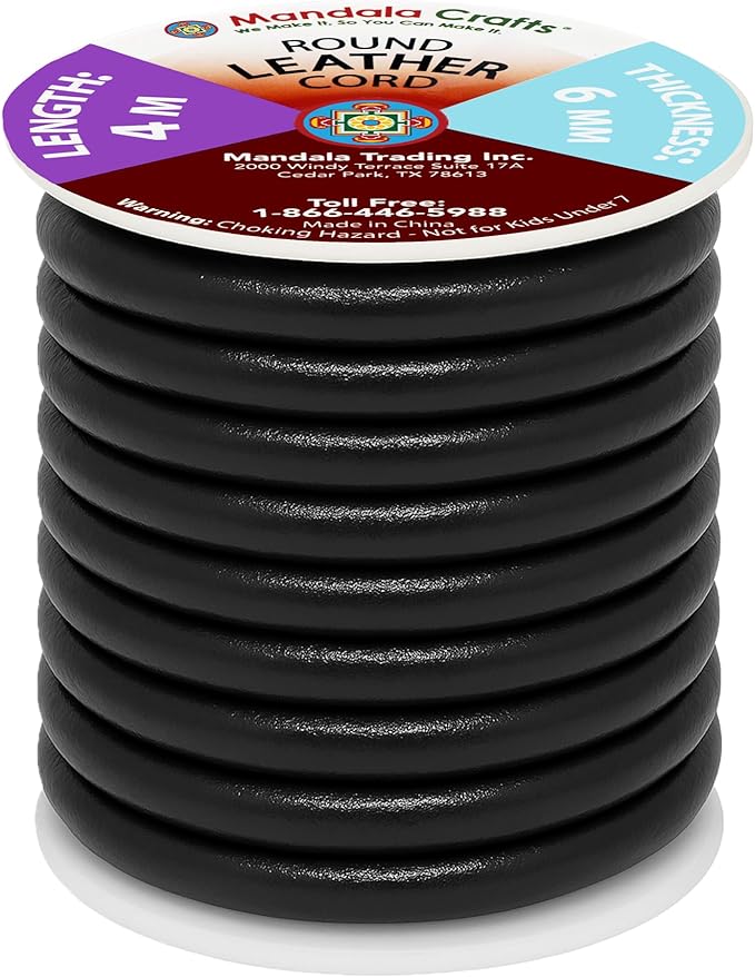 Mandala Crafts Round Genuine Black Leather Cord for Jewelry Making – 6mm Cowhide Leather Rope String Lace for Kumihimo – 4.4 Yards Cowhide Craft Cording Spool