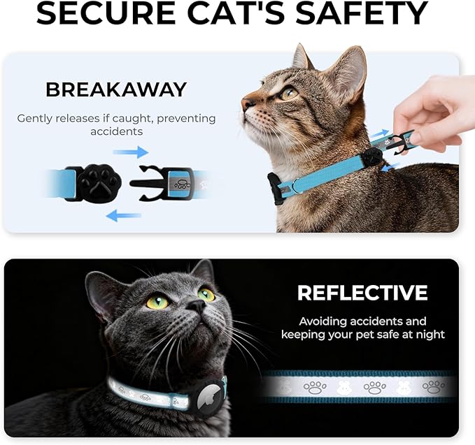Breakaway AirTag Cat Collar, Reflective Cat Tracker Collar with Air Tag Holder and Bell, Safety Elastic Band Cat GPS Collars for Girl Boy Cats, Kittens and Puppies (Blue, 8-13'')