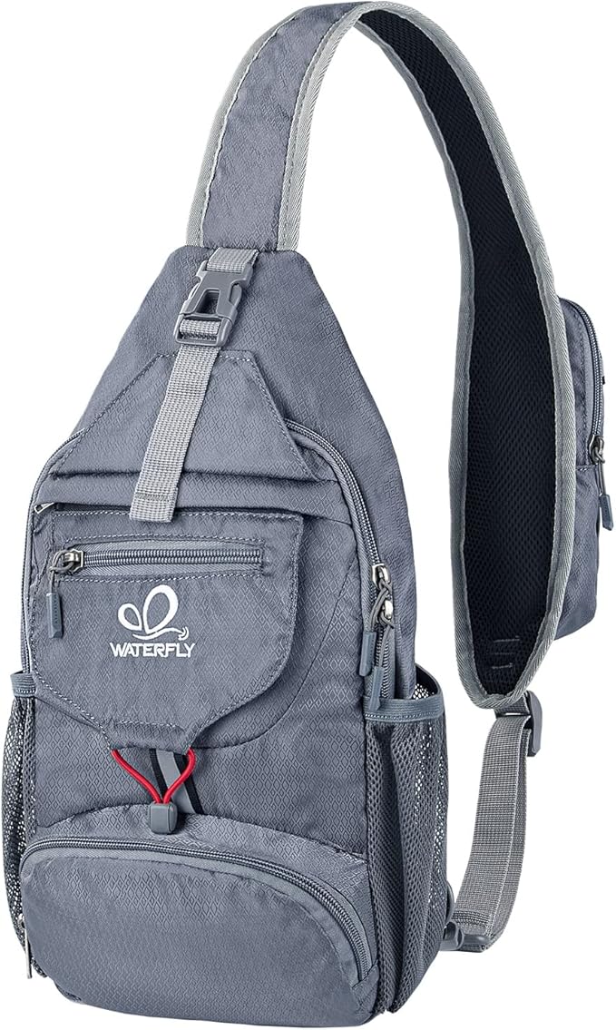 WATERFLY Packable Small Crossbody Sling Backpack Shoulder Chest Bag Daypack for Hiking Traveling Grey