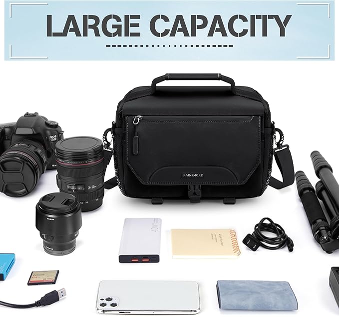 RAINSMORE Camera Bag, Small DSLR/SLR/Mirrorless Camera Sling Bag Waterproof Camera Case with Tripod Holder & Rain Cover Compact Crossbody Camera Bags for Photographers Everyday Shoulder Bags, Black