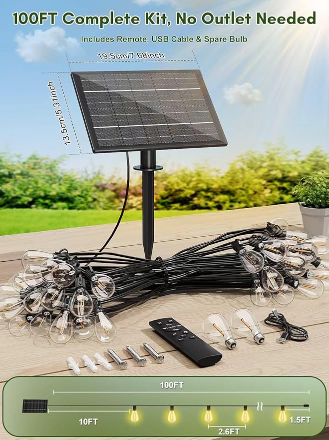 100FT Solar String Lights Outdoor Waterproof, 35+1 LED Solar Powered Lights with Remote Control, 3 Light Modes & Dimmable, USB-C Charging for Patio, Backyard, Garden, Camping