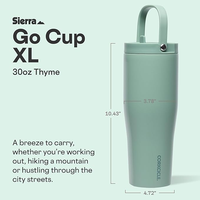 Corkcicle Go Cup XL - Leak-Proof Travel Tumbler - Triple Insulated Stainless Steel Water Bottle - Easy-Carry Handle - Summer Drinkware Gift - Keeps Drinks Ice Cold - 30 oz - Thyme