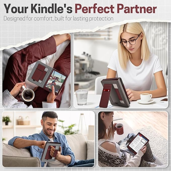 TNP Stand Case with Strap for Kindle Paperwhite 12th Gen 2024 / Kindle Colorsoft Signature Edition - 7" PU Leather Protective Folio Cover with Auto Wake/Sleep & Card Slot, Dark Red