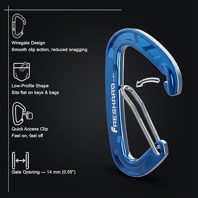 FresKaro 5pcs Nano Carabiner Clips, 8kN 1798lbs, Small Sturdy, Reliable Time-Tested Strong Spring Wiregate, Mini Size 2.37inch, Choice of 5colors