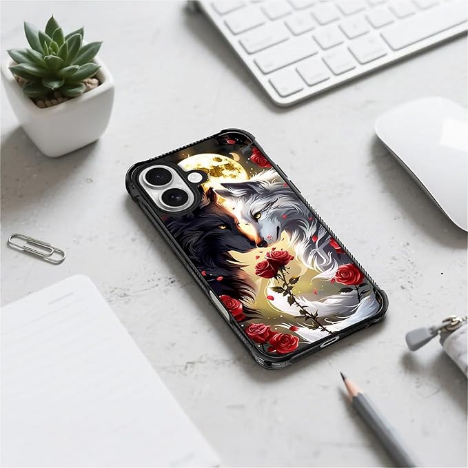 for iPhone 17 Case,for MagSafe Graphic Design for Girl Boy Soft Silicone Hard Acrylic Shock Protection Designed for iPhone 17 Black White Wolf Moon Flower Rose Pattern