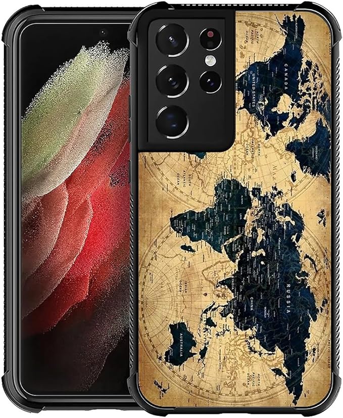 for Samsung Galaxy S21 Ultra Case, Brown World Map Pattern Graphic Design Girl Boy Soft Silicone Hard Acrylic Shock Protection for Samsung Galaxy S21 Ultra