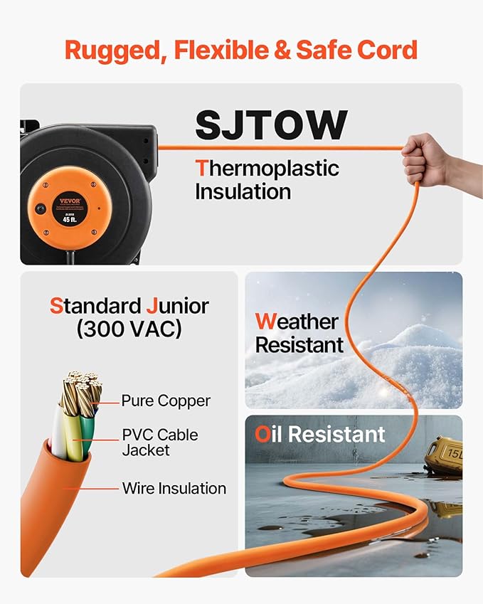 VEVOR Retractable Extension Cord Reel, 45 FT, Heavy Duty 12AWG/3C SJTOW Power Cord, with Lighted Triple Tap Outlet, 15 Amp Circuit Breaker, 180° Swivel Bracket for Ceiling or Wall Mount