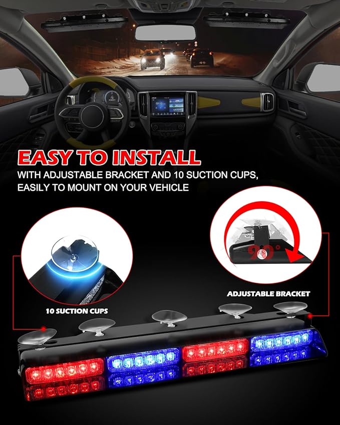 HLauto 604N Emergency Dash Strobe Lights: 2x16.8 inch Red Blue Security Light w/Take Down, 48 LED Safety Flashing Warning Hazard Interior Windshield Light Bar for Trucks Vehicles