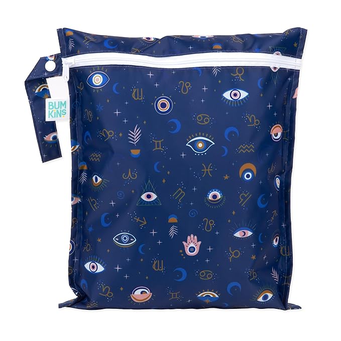 Bumkins Waterproof Wet Bag for Baby, Travel, Swim Suit, Cloth Diapers, Pump Parts, Pool, Beach, Gym Clothes, Toiletry, Hook to Stroller, Daycare, Zipper Reusable Wetdry Packing Pouch, Evil Eye