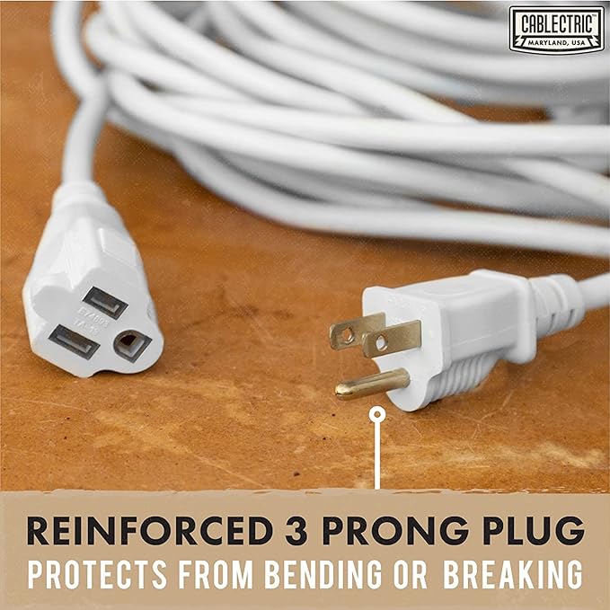 50 Foot Outdoor Extension Cord - 16/3 SJTW White 16 Gauge Electrical Cable with 3 Prong Grounded Plug