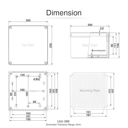 QILIPSU Junction Box with Mounting Plate 200x200x130mm, ABS Plastic DIY Electrical Project Case IP67 Waterproof Dustproof Enclosure Grey (7.9"x7.9"x5.1")