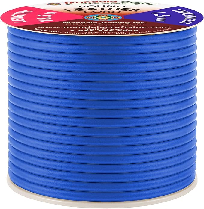 Mandala Crafts Round Genuine Blue Leather Cord for Jewelry Making – 1.5mm Cowhide Leather Rope String Lace for Kumihimo – 20 Yards Cowhide Craft Cording Spool