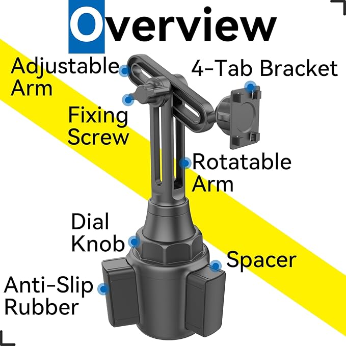 Cup Holder Car Mount for Portable CarPlay Screens, Adjustable Height, Flexible Long Arm, Alternative Cupholder Mounting Solution for in-Car Android Display Monitors (Bracket Adapter Included)