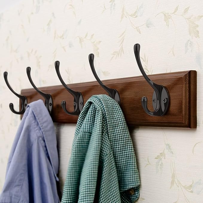 Heavy-Duty Metal Coat Hooks for Wall, 10-Pack Black Wall Mounted Hooks with 20 Screws, Double Robe Hooks for Coat, Hat, Robe, Towel, Entryway, Bathroom, Kitchen