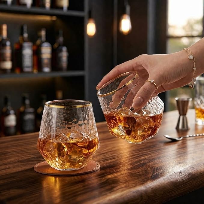 Oojami 40 count Diamond 12 Ounce Cups Unbreakable Stemless Plastic Wine Champagne Whiskey Glasses Elegant Durable Disposable Indoor Outdoor Ideal for Home, Office, Bars, Wedding, (Hammered Gold Rim)