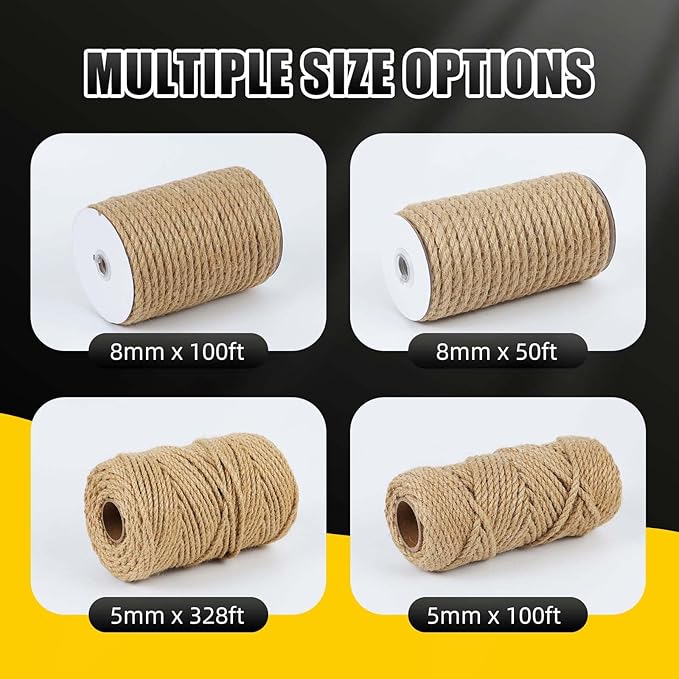 Natural Jute Twine, 8MM x 100FT Jute Rope Roll, Heavy Duty Thick Twine for Cat Scratching Post, Bundling, Gardening and DIY Crafts
