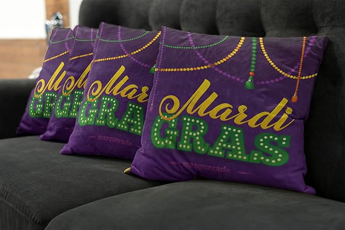 Ambesonne Mardi Gras Throw Pillow Cushion Case Pack of 4, Beads and Tassels Masquerade Theme Calligraphy Design Fun Print, Modern Accent Double-Sided Digital Printing, 18", Purple Marigold